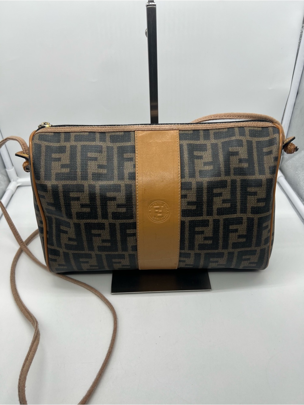 FENDI VINTAGE Zucca FF Monogram Coated Canvas Medium Tan Leather Trim Crossbody